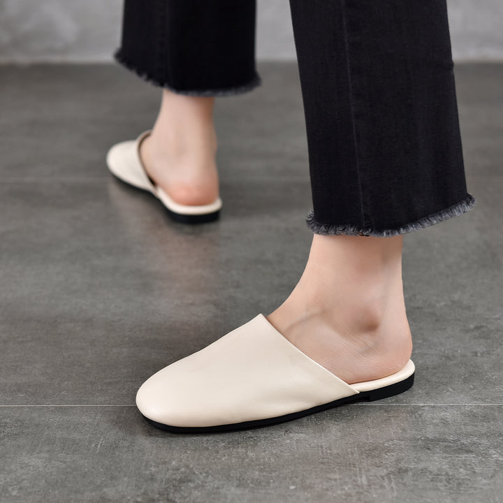 Women's Leather Flat Round-Toe Mules