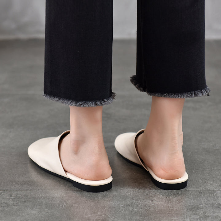 Women's Leather Flat Round-Toe Mules