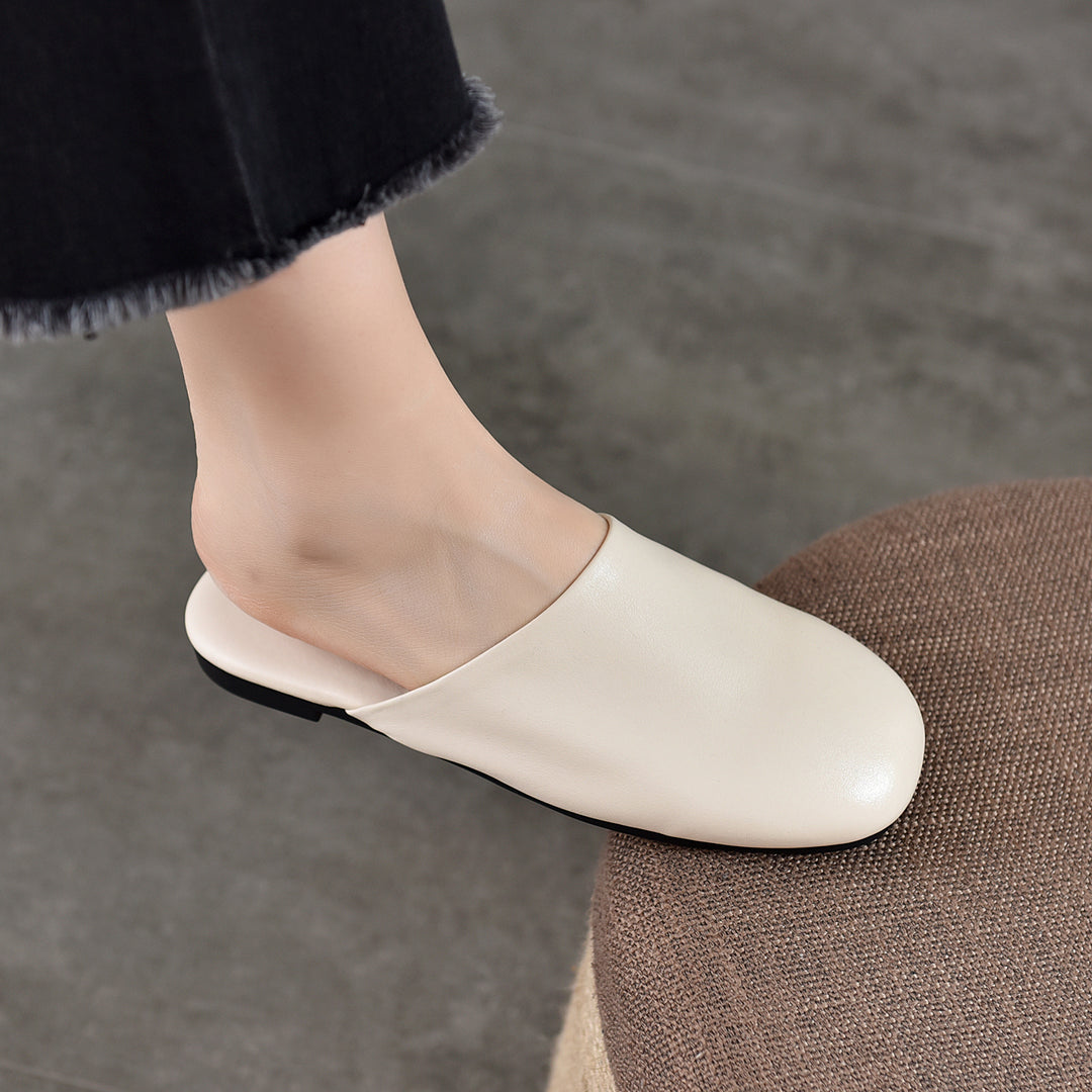 Women's Leather Flat Round-Toe Mules
