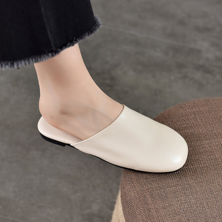 Women's Leather Flat Round-Toe Mules