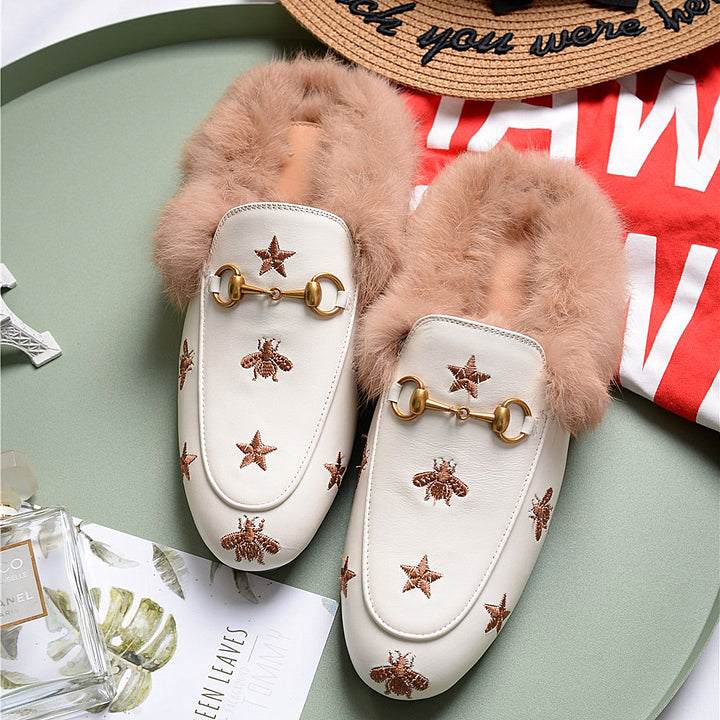 Women Horsebit Bee Star Embroidered Fur Mule Shoes