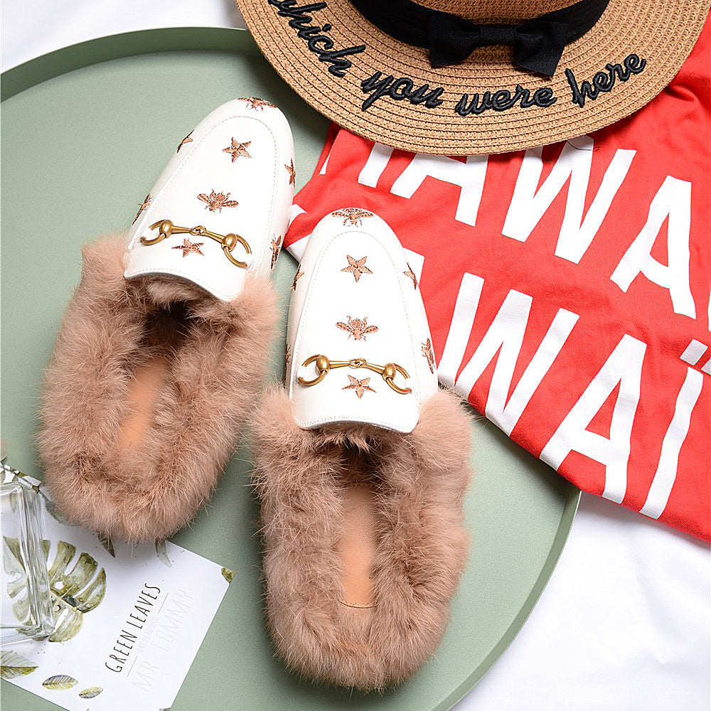 Women Horsebit Bee Star Embroidered Fur Mule Shoes