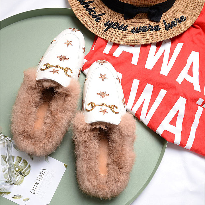 Women Horsebit Bee Star Embroidered Fur Mule Shoes