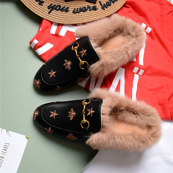 Women Horsebit Bee Star Embroidered Fur Mule Shoes