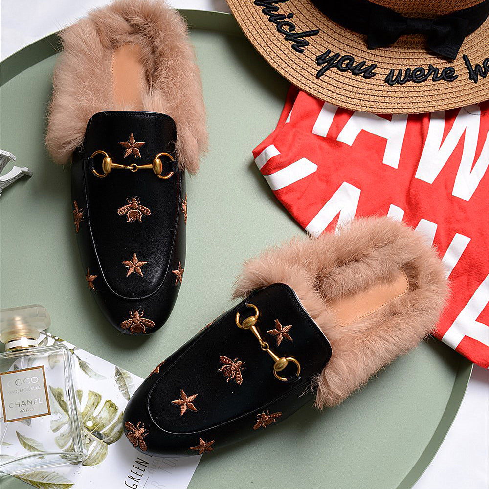 Women Horsebit Bee Star Embroidered Fur Mule Shoes