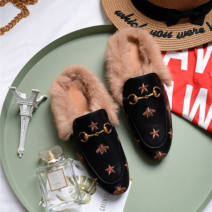 Women Horsebit Bee Star Embroidered Fur Mule Shoes