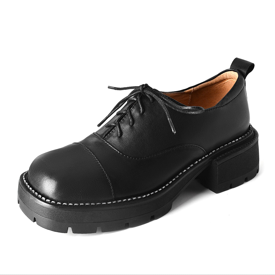Women's Leather Cap-Toe Platform Derby British Style Retro Lace-up Shoes