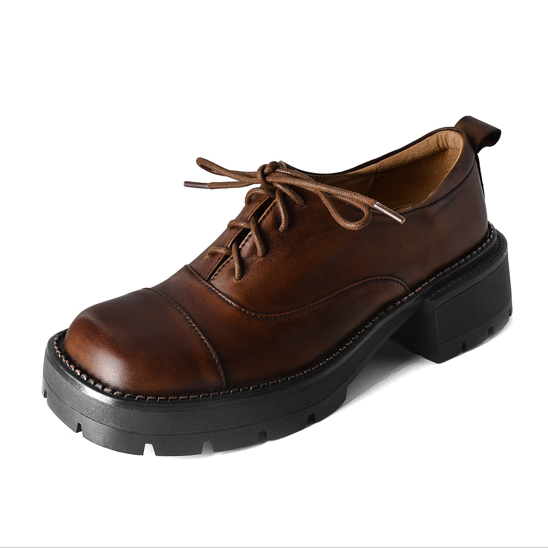 Women's Leather Cap-Toe Platform Derby British Style Retro Lace-up Shoes