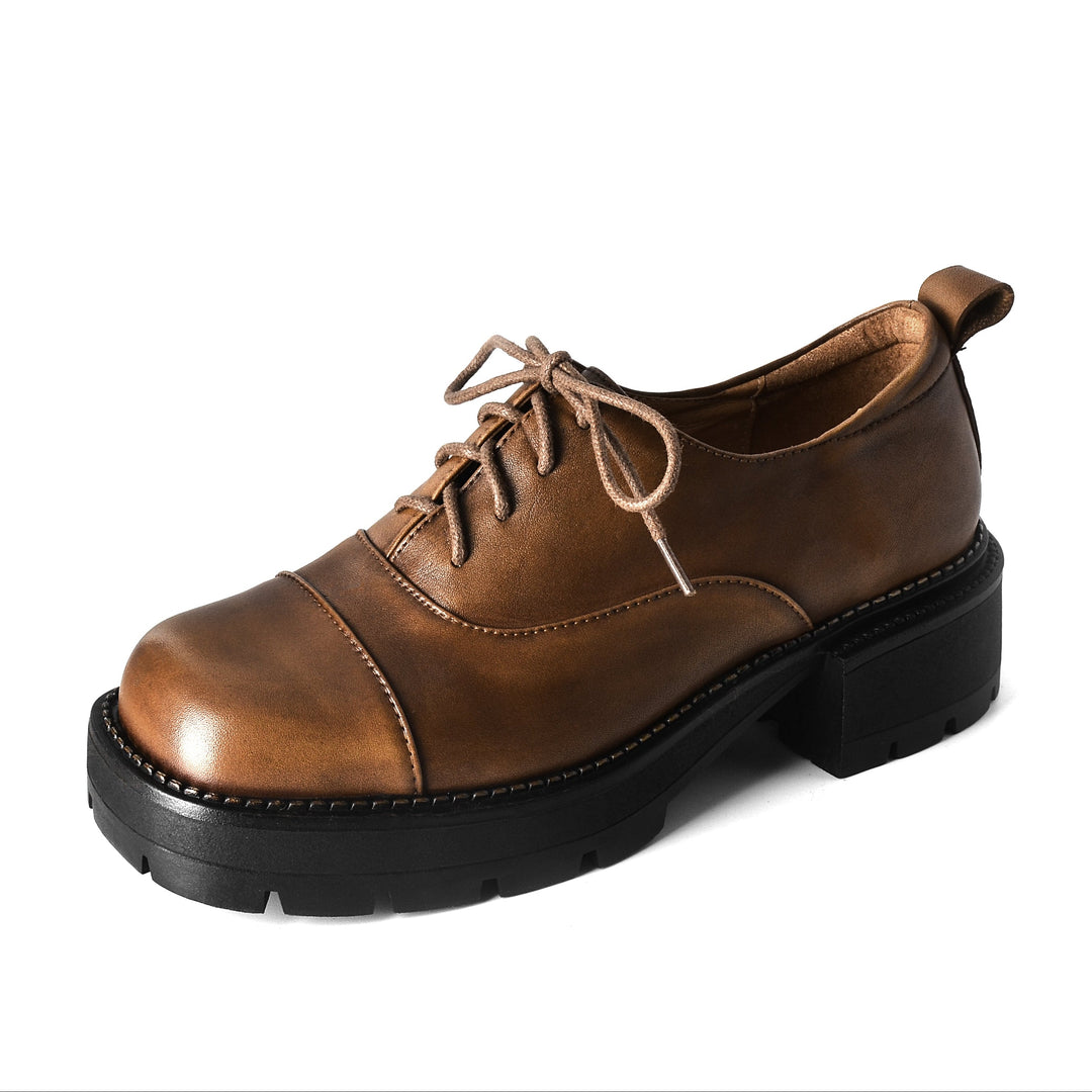 Women's Leather Cap-Toe Platform Derby British Style Retro Lace-up Shoes
