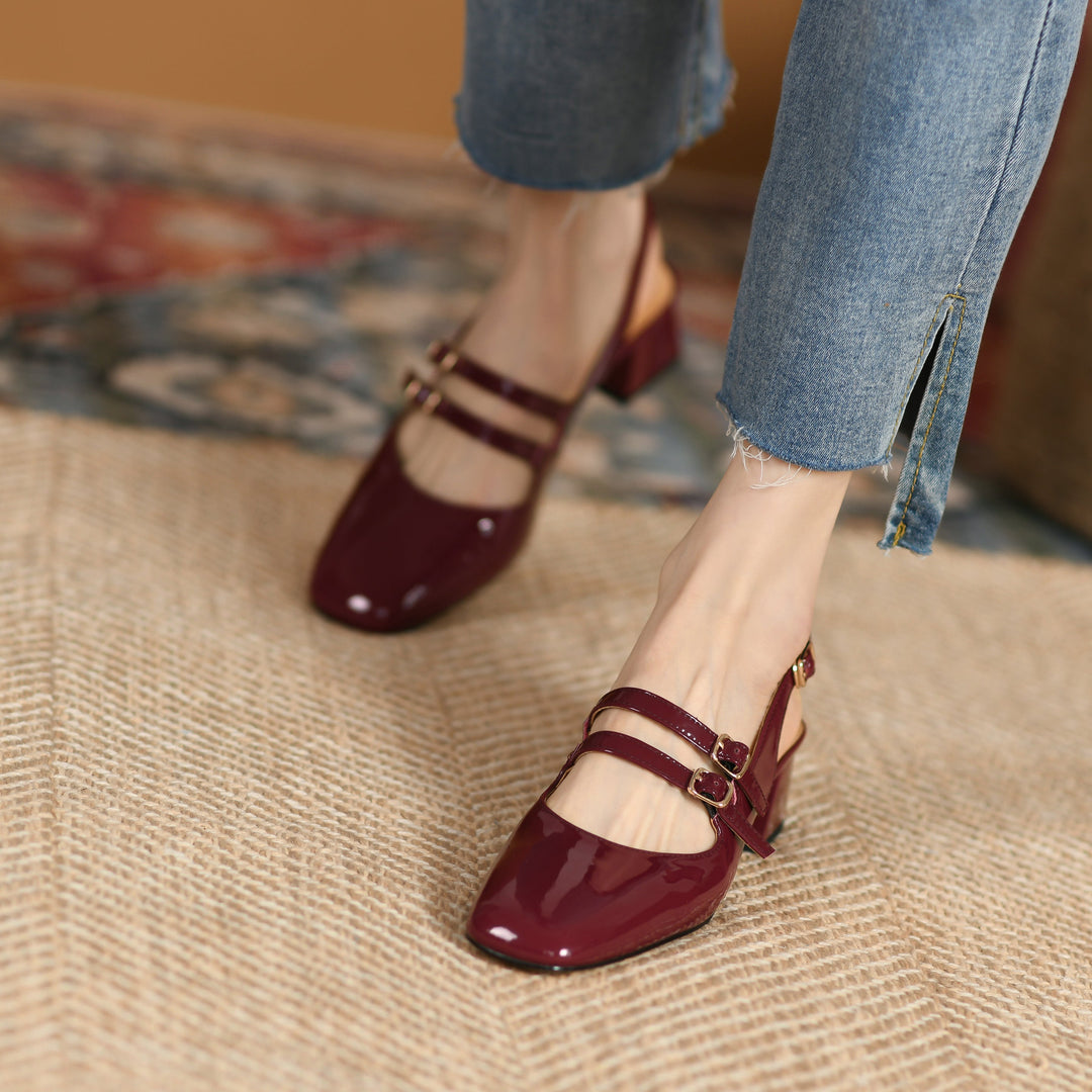 Women's Stylish Patent Leather Mary Jane Double Strap Buckle Low Heel Block Sandals
