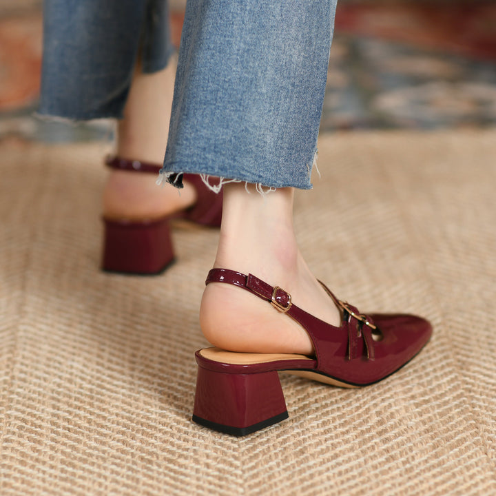 Women's Stylish Patent Leather Mary Jane Double Strap Buckle Low Heel Block Sandals
