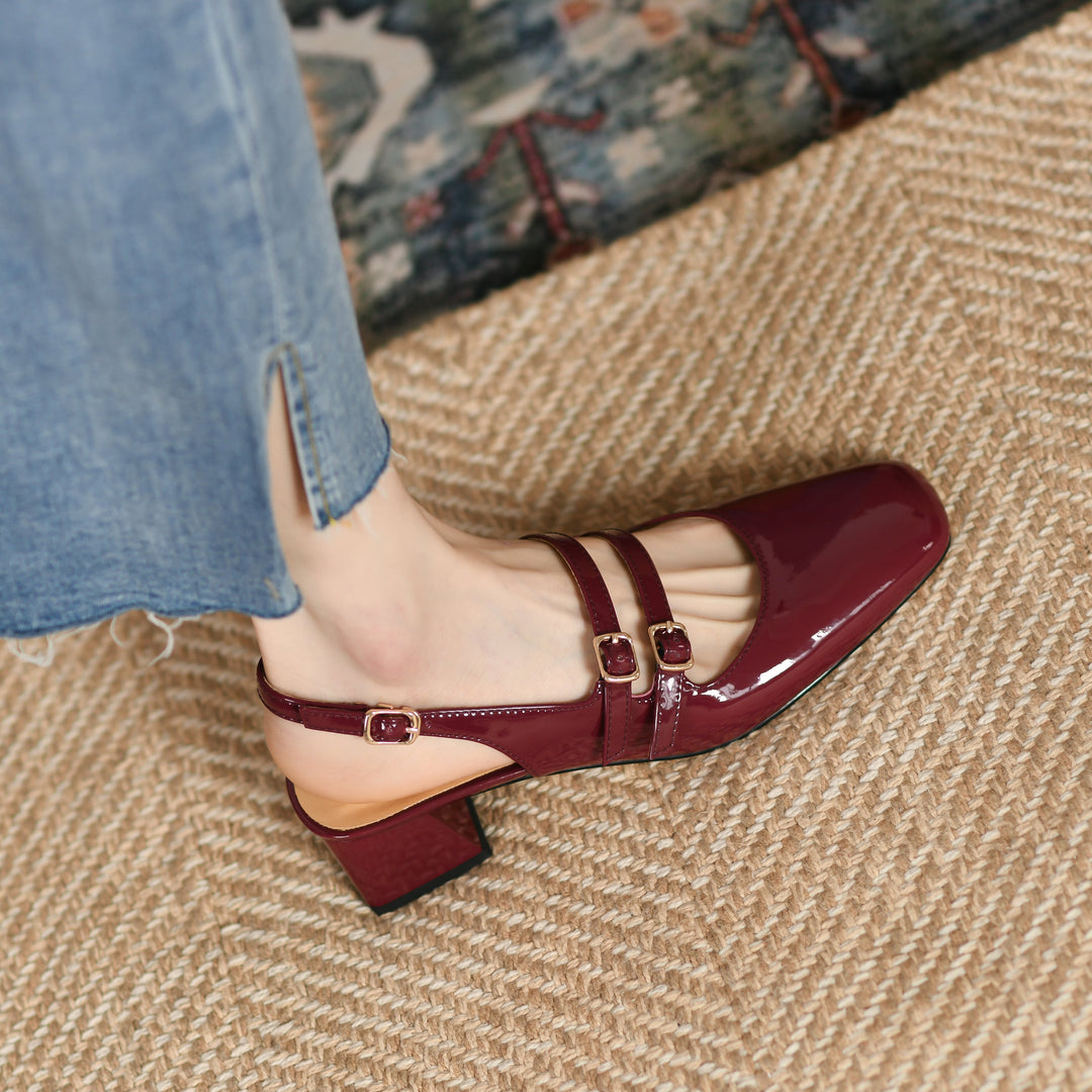 Women's Stylish Patent Leather Mary Jane Double Strap Buckle Low Heel Block Sandals