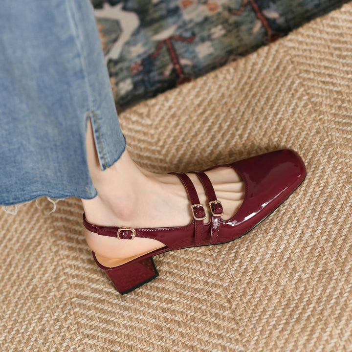 Women's Stylish Patent Leather Mary Jane Double Strap Buckle Low Heel Block Sandals