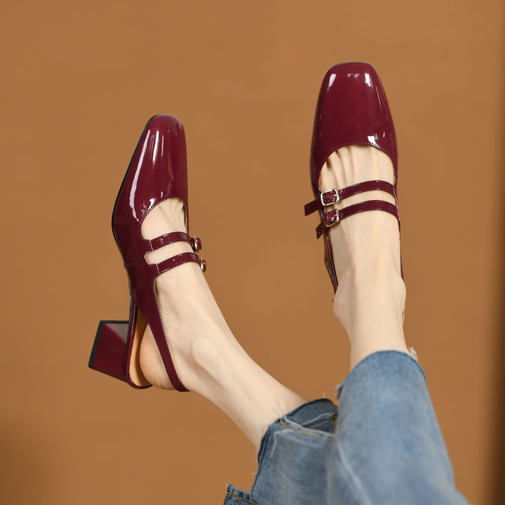 Women's Stylish Patent Leather Mary Jane Double Strap Buckle Low Heel Block Sandals