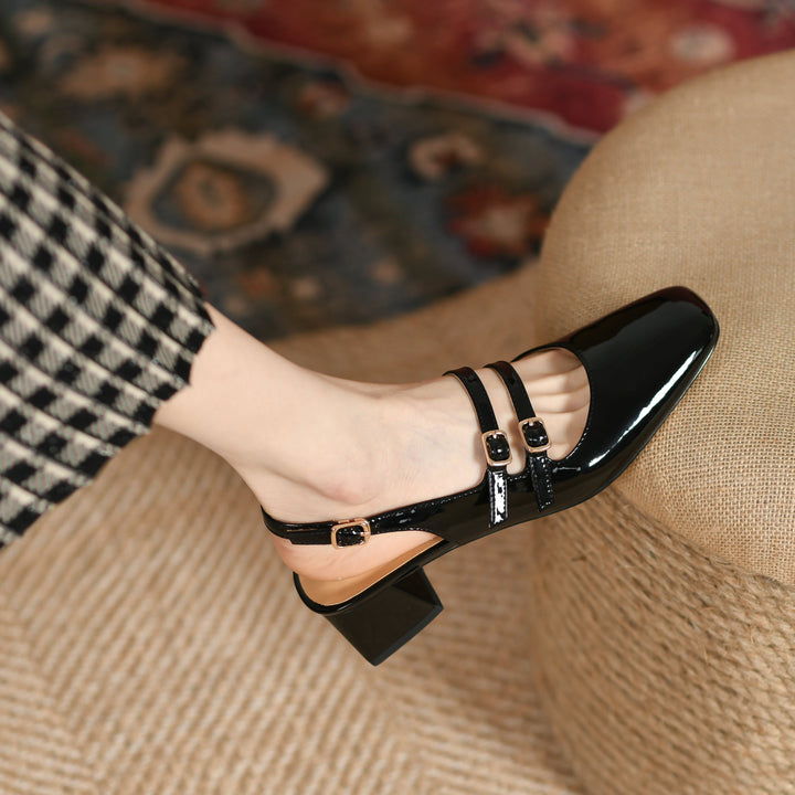 Women's Stylish Patent Leather Mary Jane Double Strap Buckle Low Heel Block Sandals
