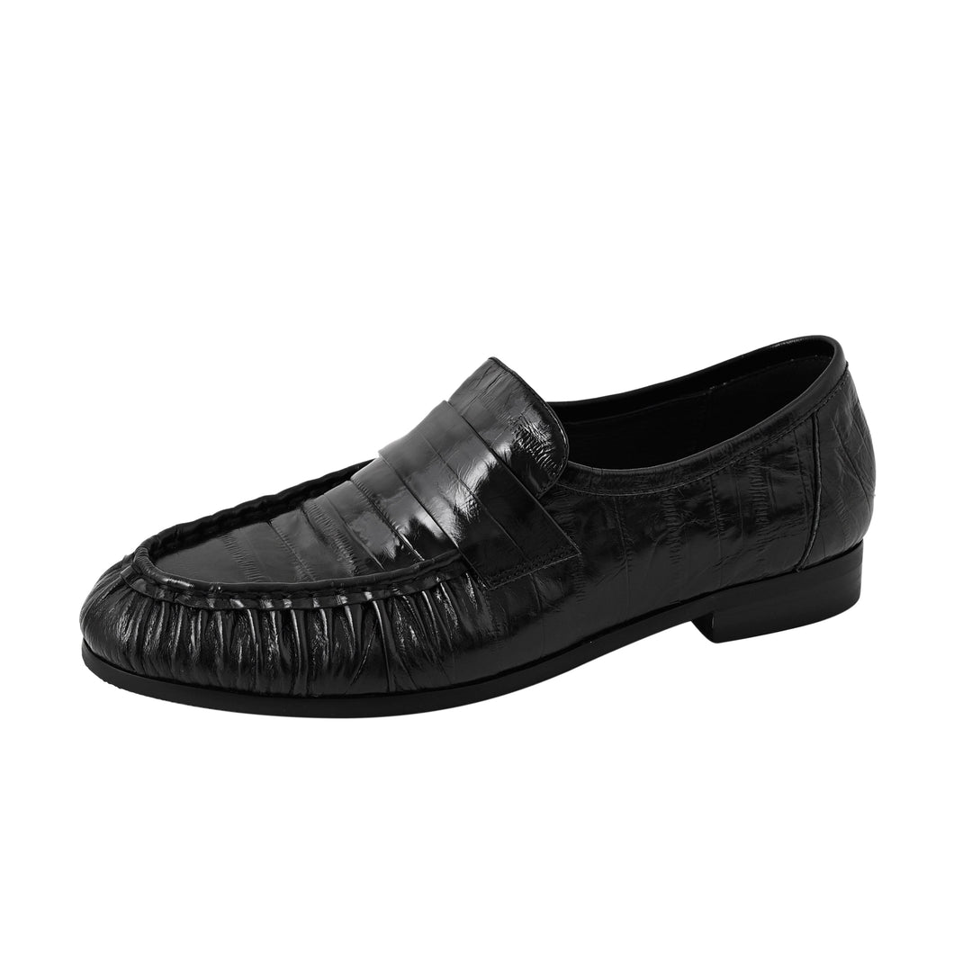 Women's Retro Cowhide Loafers Vintage Round Toe Ruched Penny Slip-on Driving Flats