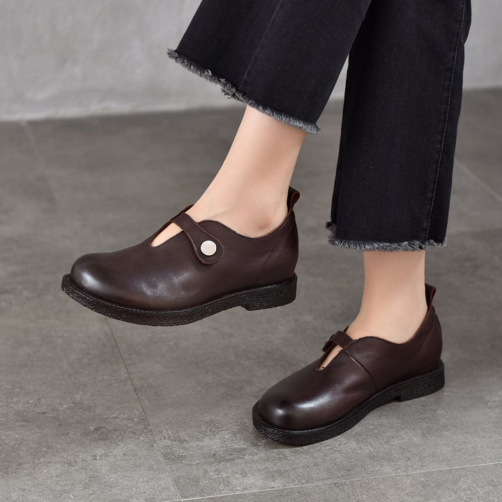 Women’s Vintage Leather Loafers – Round Toe Buckle Strap Comfortable Flats