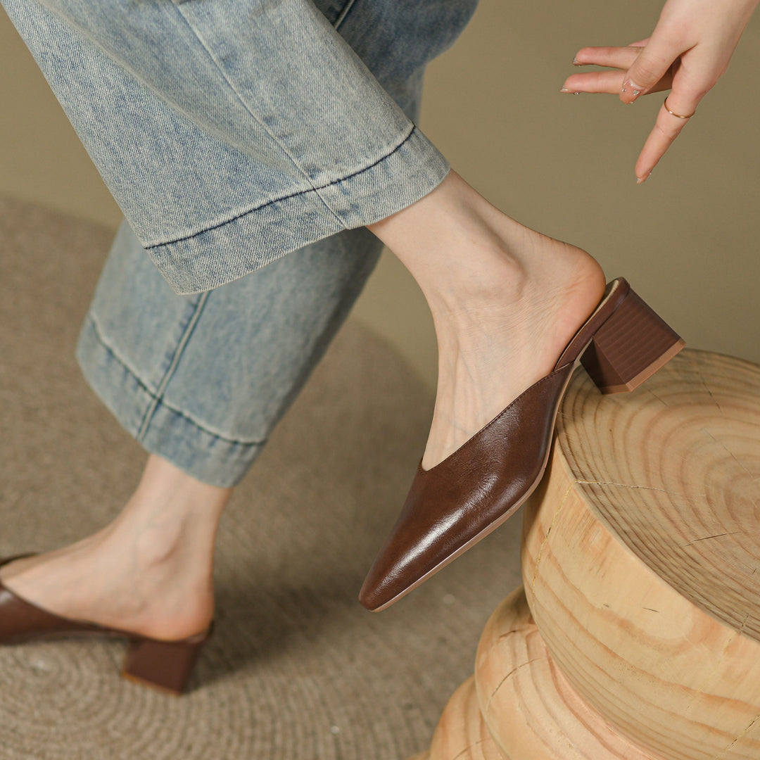 Women's Closed Toe Mid-Heel Block V Mule Shoes