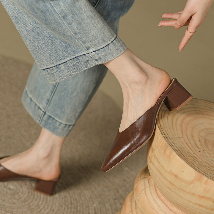 Women's Closed Toe Mid-Heel Block V Mule Shoes
