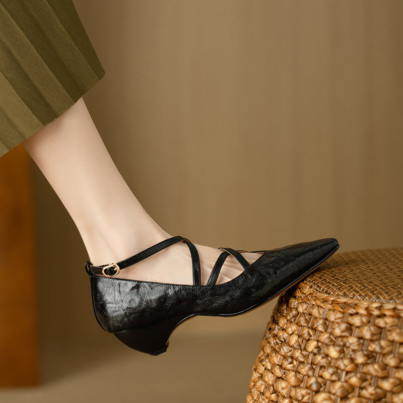 Women's Sheepskin Sandals - French Vintage Wedge Heel - Criss-cross Straps Pointed Toe