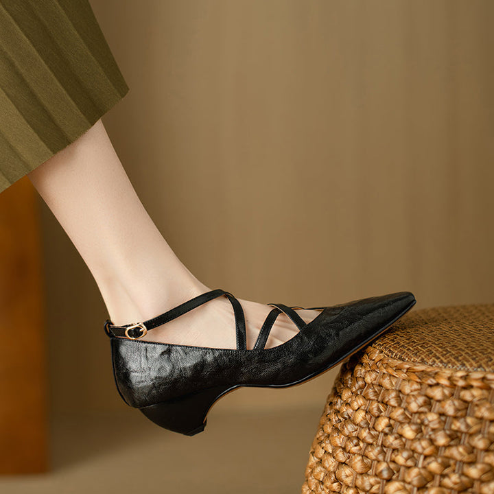 Women's Sheepskin Sandals - French Vintage Wedge Heel - Criss-cross Straps Pointed Toe