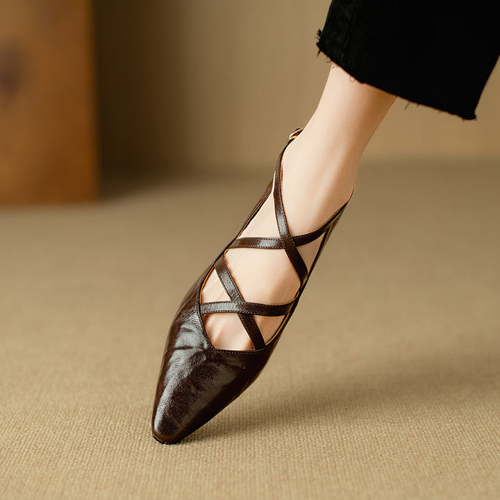 Women's Sheepskin Sandals - French Vintage Wedge Heel - Criss-cross Straps Pointed Toe