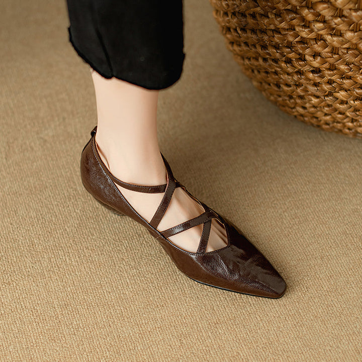 Women's Sheepskin Sandals - French Vintage Wedge Heel - Criss-cross Straps Pointed Toe