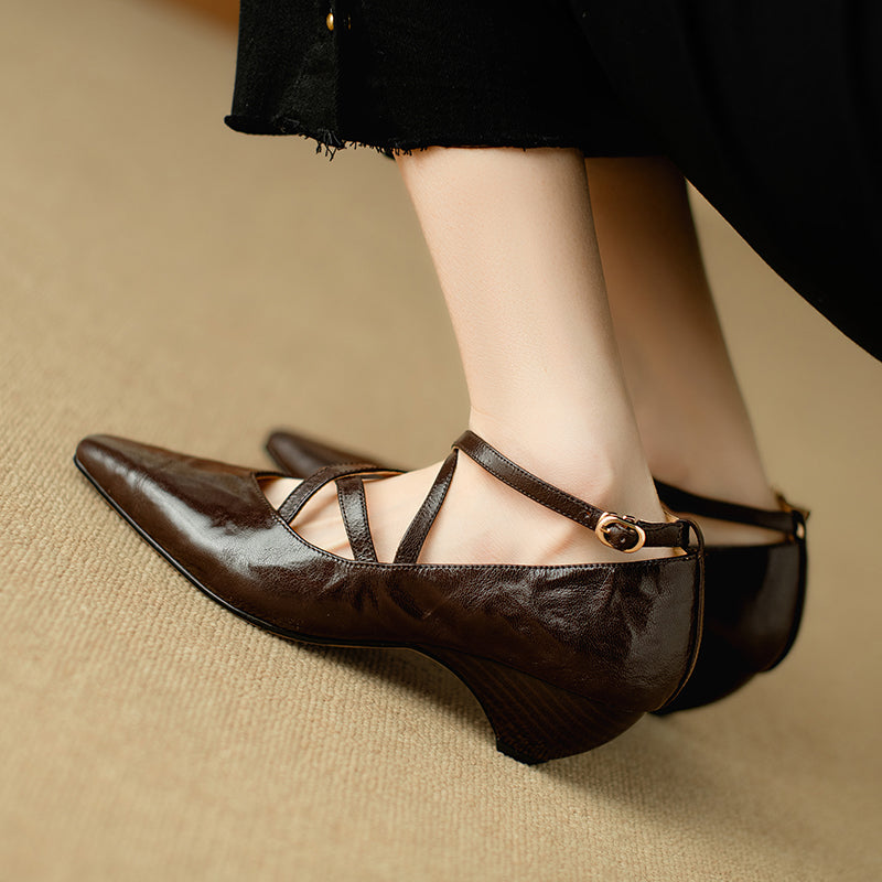 Women's Sheepskin Sandals - French Vintage Wedge Heel - Criss-cross Straps Pointed Toe