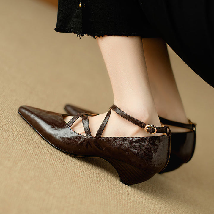 Women's Sheepskin Sandals - French Vintage Wedge Heel - Criss-cross Straps Pointed Toe