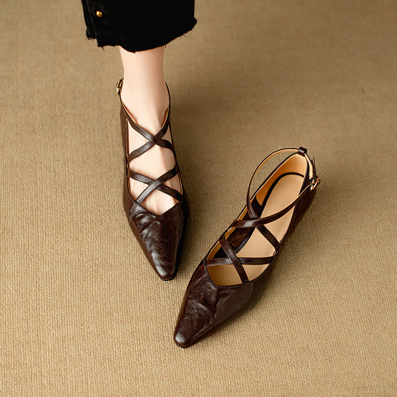Women's Sheepskin Sandals - French Vintage Wedge Heel - Criss-cross Straps Pointed Toe