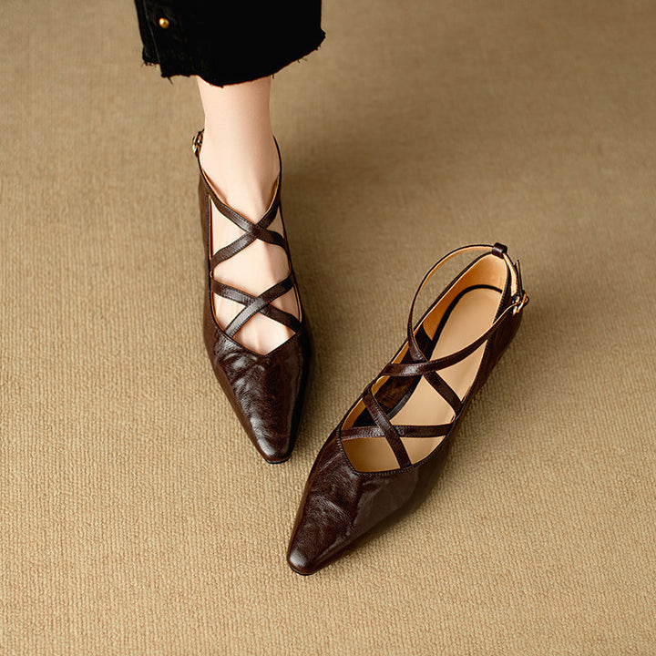 Women's Sheepskin Sandals - French Vintage Wedge Heel - Criss-cross Straps Pointed Toe