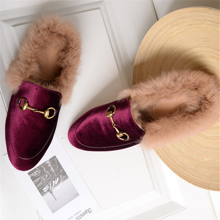 Womens Velvet Fur Slide Slip On Flat Mules