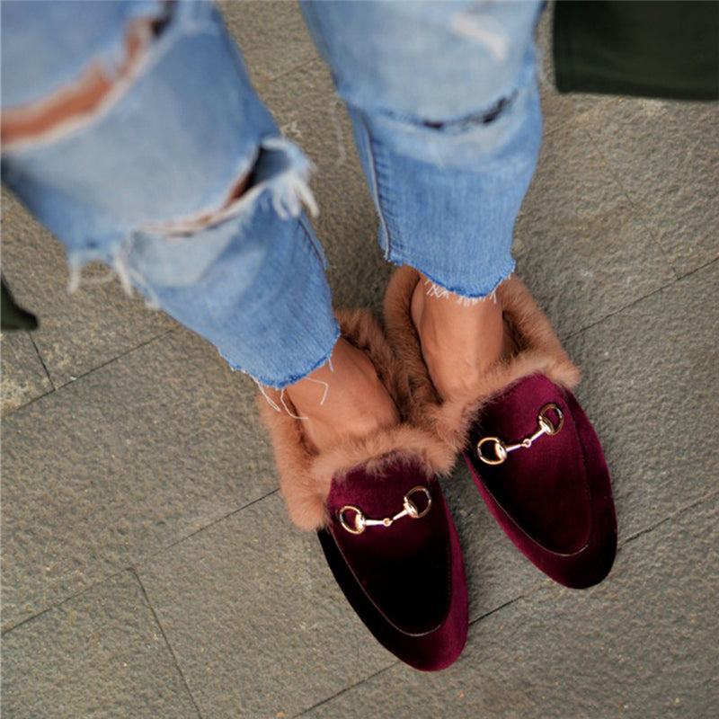 Womens Velvet Fur Slide Slip On Flat Mules