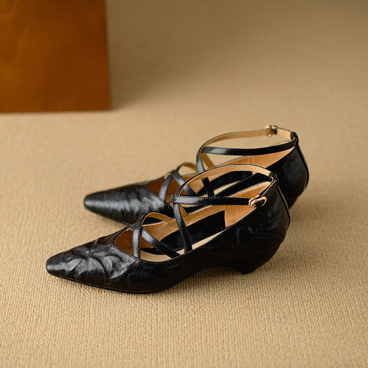 Women's Sheepskin Sandals - French Vintage Wedge Heel - Criss-cross Straps Pointed Toe