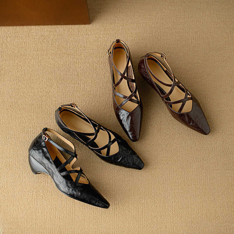 Women's Sheepskin Sandals - French Vintage Wedge Heel - Criss-cross Straps Pointed Toe