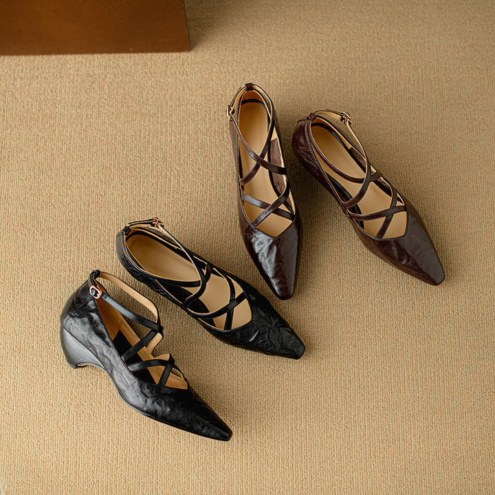 Women's Sheepskin Sandals - French Vintage Wedge Heel - Criss-cross Straps Pointed Toe
