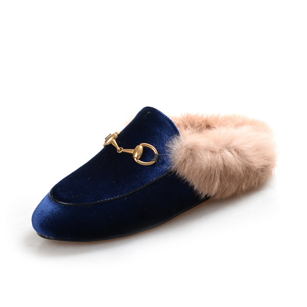 Womens Velvet Fur Slide Slip On Flat Mules