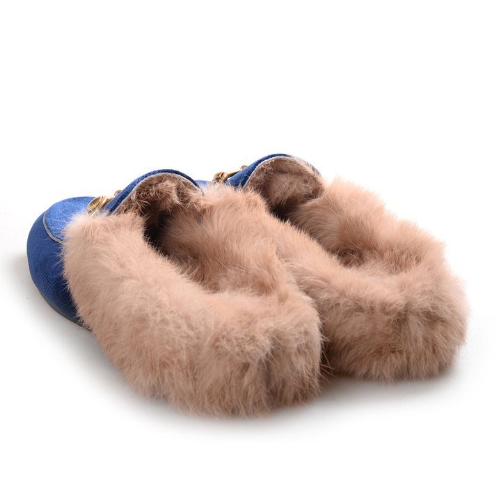 Womens Velvet Fur Slide Slip On Flat Mules