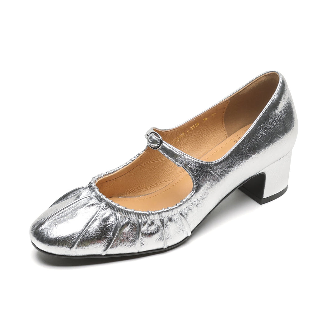 Women's Metallic Cowhide Mary Jane Shoes - Vintage Pleated Round Toe Block Heels