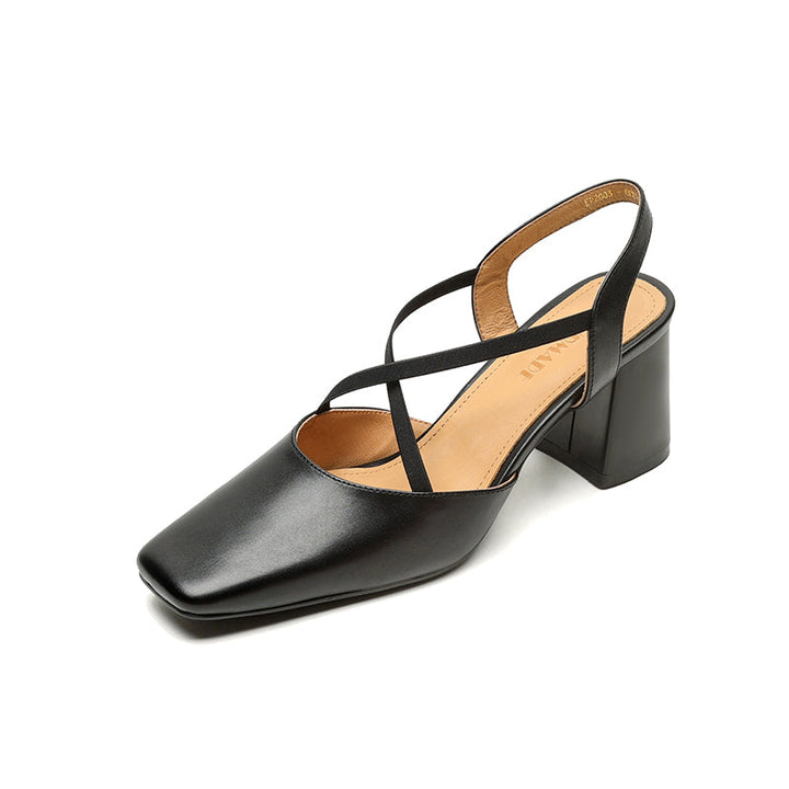 Women's French-Style Square Toe Leather Heels - Sophisticated Cross-Strap Summer Pumps