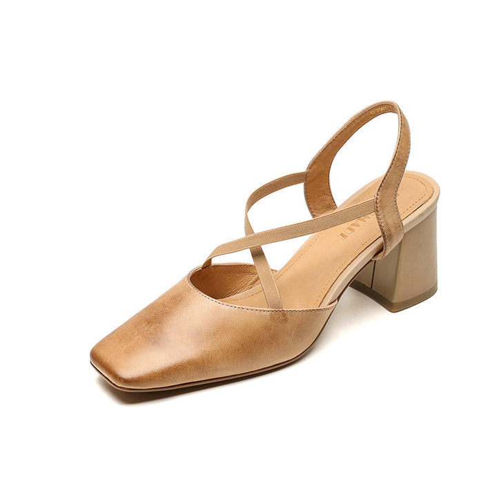 Women's French-Style Square Toe Leather Heels - Sophisticated Cross-Strap Summer Pumps