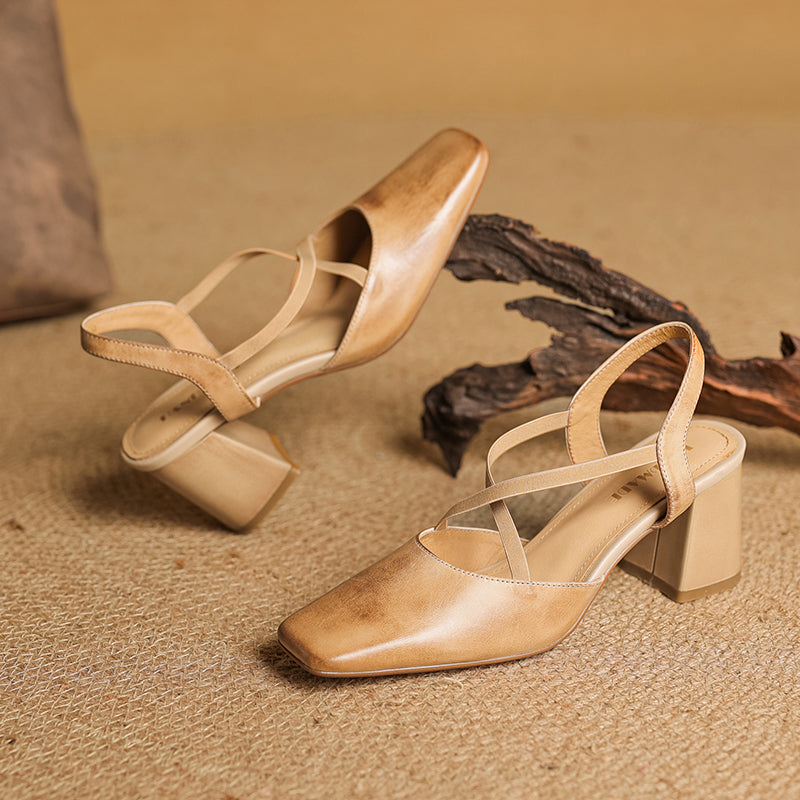 Women's French-Style Square Toe Leather Heels - Sophisticated Cross-Strap Summer Pumps