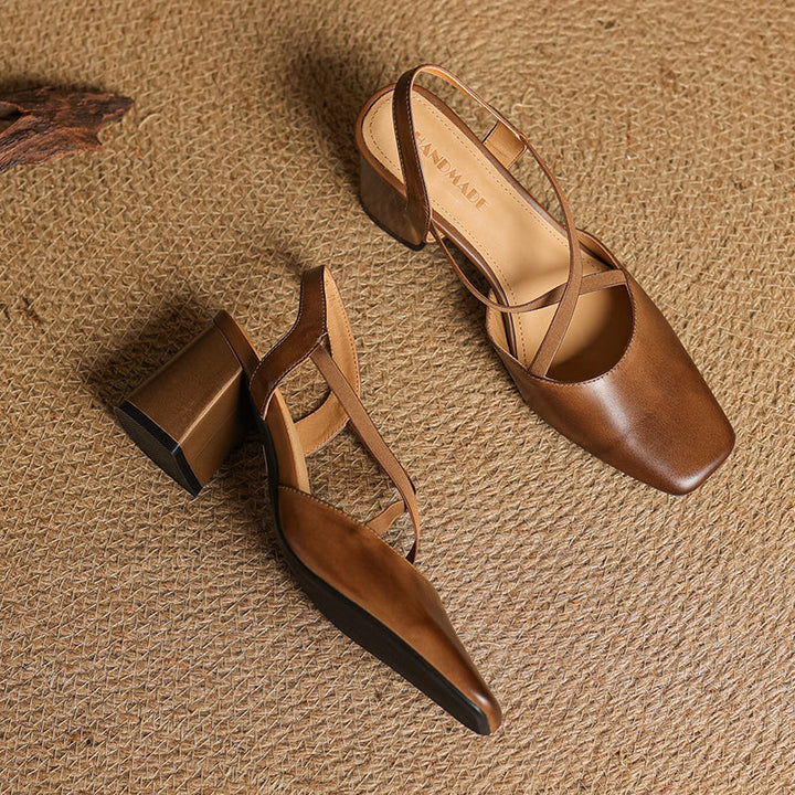 Women's French-Style Square Toe Leather Heels - Sophisticated Cross-Strap Summer Pumps