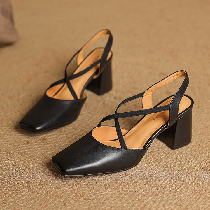Women's French-Style Square Toe Leather Heels - Sophisticated Cross-Strap Summer Pumps