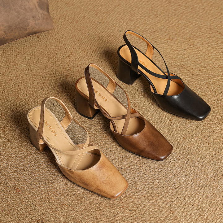Women's French-Style Square Toe Leather Heels - Sophisticated Cross-Strap Summer Pumps
