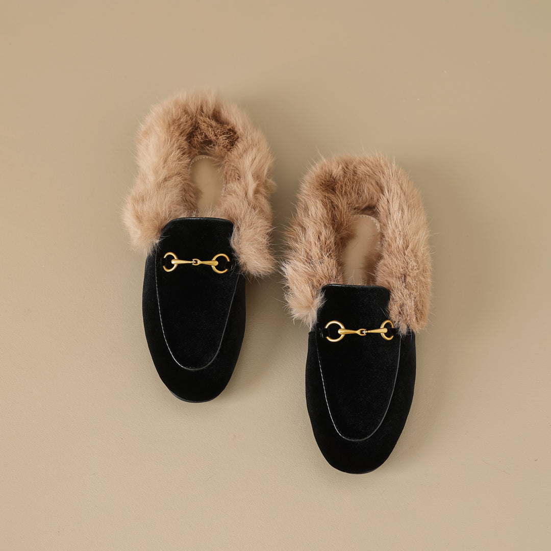 Women Handmade Velvet Fur Lined Loafer Mule