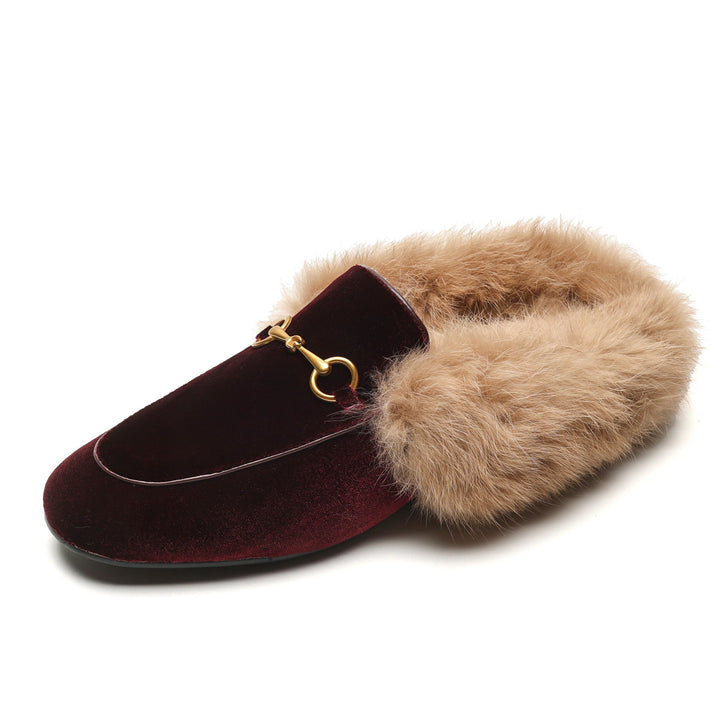 Women Handmade Velvet Fur Lined Loafer Mule