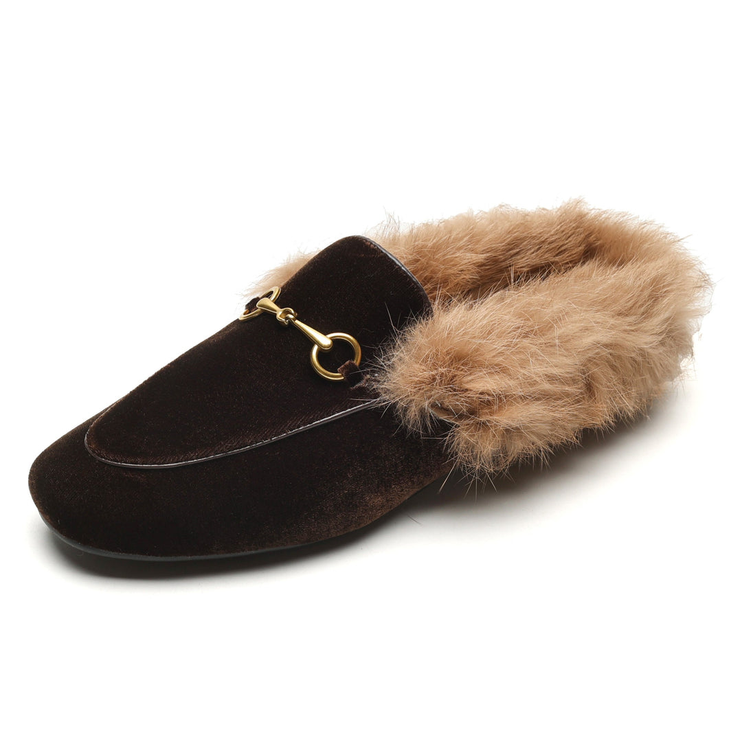 Women Handmade Velvet Fur Lined Loafer Mule