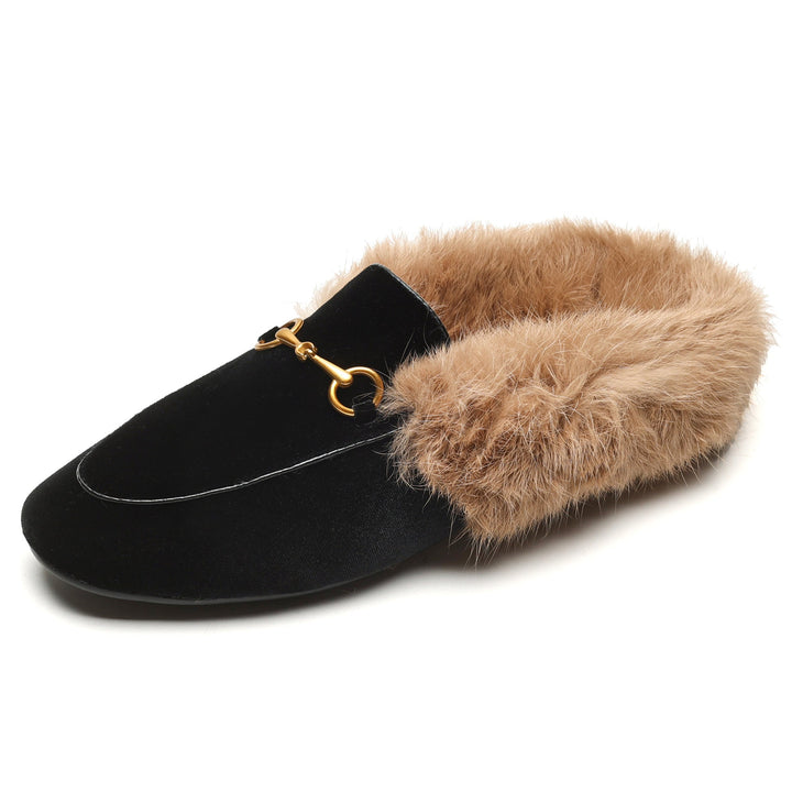 Women Handmade Velvet Fur Lined Loafer Mule