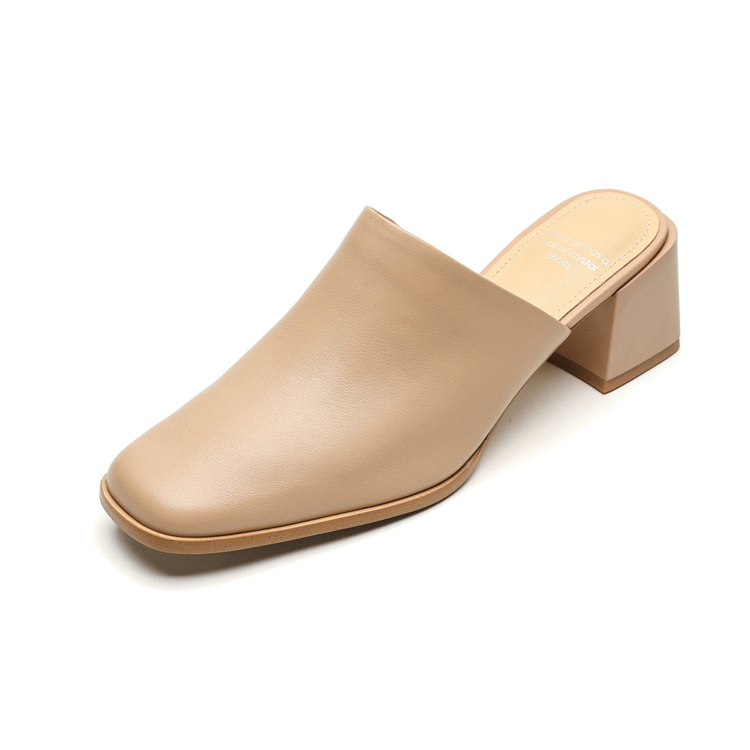 Women's Minimalist Square-Toe Leather Slides - Luxury Office Mules - Comfortable 5.5cm Heels